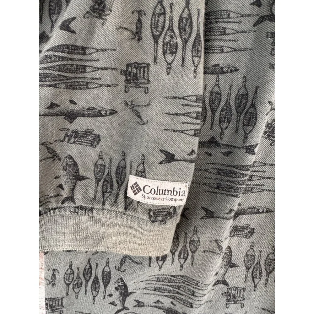 Columbia Polo Shirt Mens Large Fish Print All Over Green Golf‎ Hiking Outdoors